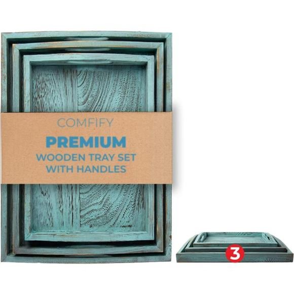 Rustic Wooden Serving Trays with Handle - Set of 3 - Large, Medium and Small - Picture 1 of 7